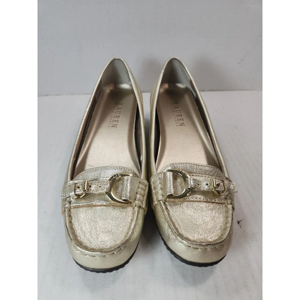 LRL Ralph Lauren Women's 6 B Metallic Gold Wedge Shoes Comfort Leather Slip On